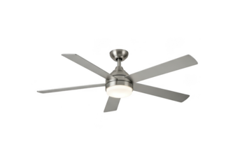 Modern brushed nickel ceiling fan with integrated led light isolated on transparent background