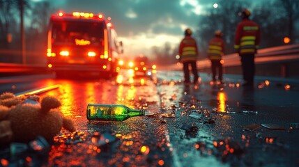 Broken glass, teddy bear, fire trucks at an accident scene