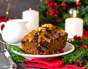 Christmas Fruitcake Loaf with Caramel Glaze, Walnuts, Candles, and Festive Decor