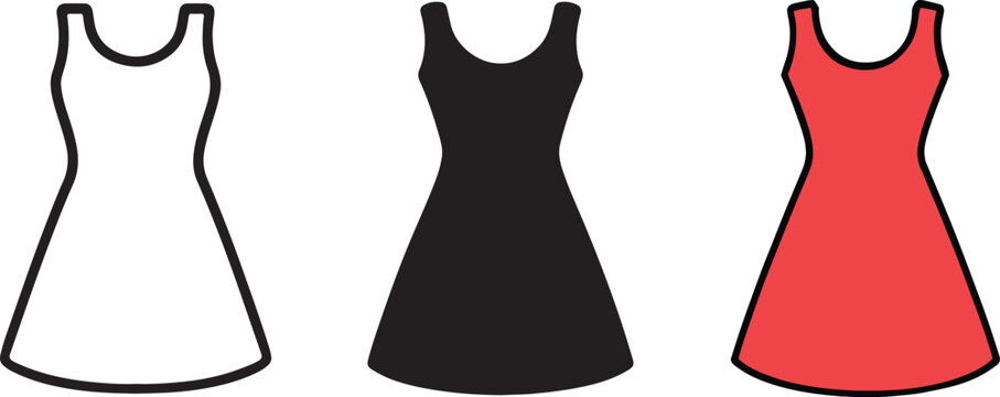 A simple women's dress icon collection. Includes silhouette, outline, and colored vector images isolated on a white background.
