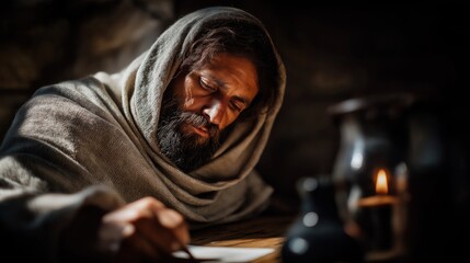 Jeremiah writes Lamentations by flickering candlelight in a dark stone room. Tears roll down his face as his trembling hand moves across the parchment. Shadows flicker, echoing deep sorrow.
