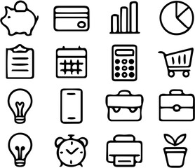 Black and white line icons – business, finance, office set 
16 minimalist outline icons for business, finance, shopping, and productivity.
