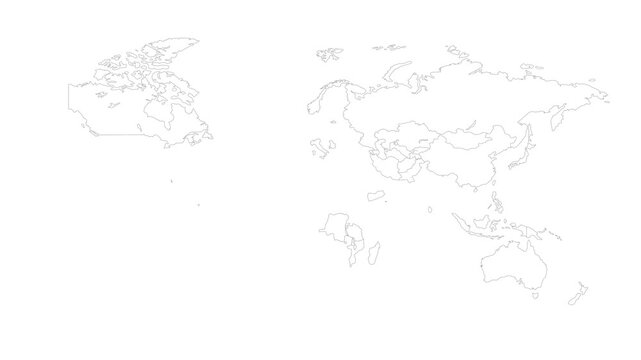 World map animation. Outline world map with country borders and continents in the background with alpha channel. Motion design.