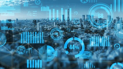 A panoramic view of a modern city skyline overlaid with vibrant data visualizations, illustrating the intersection of technology, urban growth, and analytics trends. Xenic