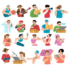 Fototapeta premium Big set of youth activity icons featuring sports, music, reading, photography, science, boxing, cooking, fitness, singing, art, and outdoor hobbies in colorful cartoon style on white background