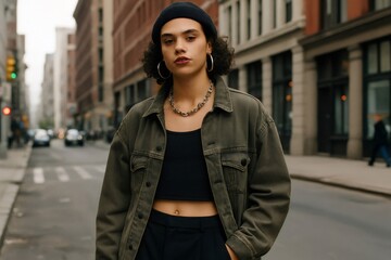 Fototapeta premium Fashionable woman strutting along a bustling New York City street, showcasing trendy clothing and stylish accessories, radiating confidence