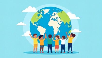 A diverse group of children stand together, hands raised in unity, embracing planet Earth. The image evokes themes of global solidarity, environmental awareness, and collective responsibility