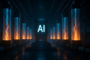 Futuristic AI data core glowing with blue and orange energy inside high tech sci fi server chamber, advanced artificial intelligence power processing unit, cyberpunk technology infrastructure, digital