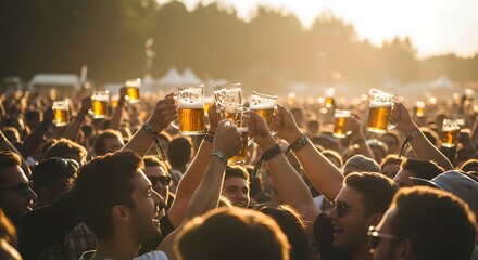 Lively Celebration of Friendship and Joy: Crowds of Diverse People Raising Beer Glasses at a Vibrant Festival Under Golden Sunset, Perfect for Marketing Events, Gatherings, and Social Occasions