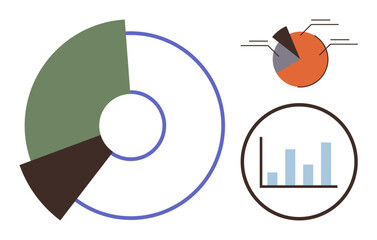 Circular donut chart, pie chart with labels, and bar graph. Ideal for data analysis, report design, business strategy, education, comparison presentation insights. Simple flat metaphor