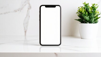Modern smartphone mockup with white screen on elegant marble surface