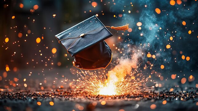 Welding sparks forming a diploma certificate industrial training concept