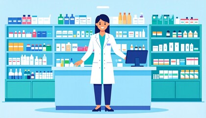 A female pharmacist stands confidently behind the counter in a pharmacy, surrounded by medicine shelves. The scene conveys trust and expertise in a healthcare setting