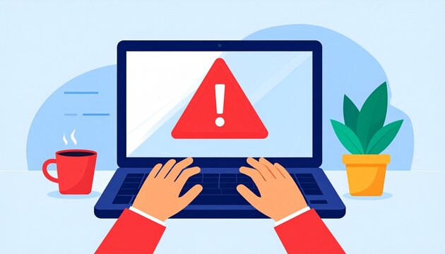 A laptop displaying a warning sign, a visual representation of a computer error. The scene includes a coffee cup and a potted plant