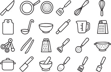 Kitchen Utensils Icon Set – Black and White Cooking Tools Including Knife, Pan, Strainer, Spatula, Whisk, Board, Ladle, Bowl