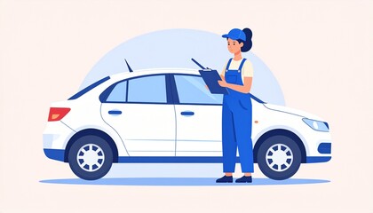 A mechanic inspecting a car, focusing on repair and maintenance. She is holding a clipboard, reviewing notes