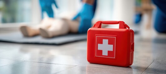 The red first aid kit beside a CPR training mannequin in a healthcare setting.