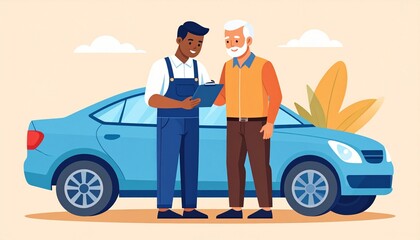 An auto mechanic discusses a car repair estimate with a customer. The mechanic in overalls is showing the repair estimates and the customer looks concerned