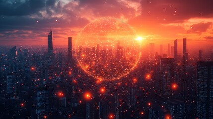 Futuristic city with glowing sphere