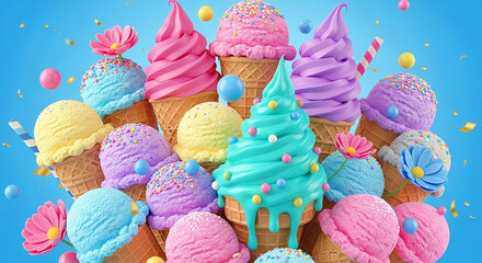 Colorful ice cream cones piled high, dripping with sweet treats, in a vibrant display.