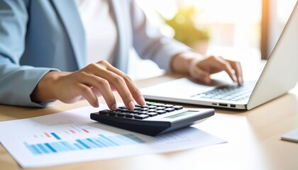 Focused hands of a professional working on a calculator with charts and a laptop. It reflects the dedication and precision required for financial management
