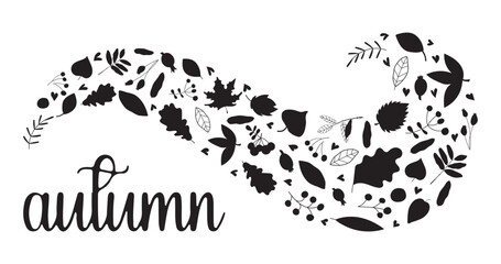 Bright autumn leaves in a gust of wind and an inscription. Autumn illustration. Autumn lettering. Different leaves. Vector illustration.