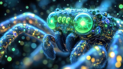 Futuristic spider creature, vibrant colors, glowing eyes