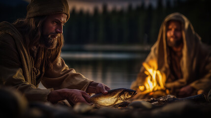 Fototapeta premium Jesus multiplies fish beside a quiet lakeside fire—each time He hands one to a disciple, another appears. The calm lake reflects the astonished faces of those witnessing the quiet miracle...