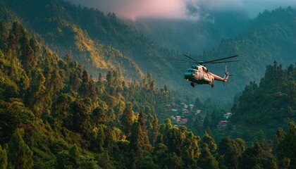 A helicopter delivering aid supplies to a remote village surrounded by lush green mountains, dramatic sky
