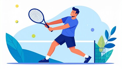 A tennis player swinging a racket on a tennis court. The illustration uses blue and light blue color palette with yellow tennis balls 