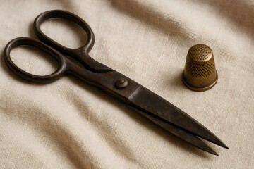 Rusty sewing scissors and metal thimble resting on beige linen, showcasing essential tools for traditional tailoring and dressmaking