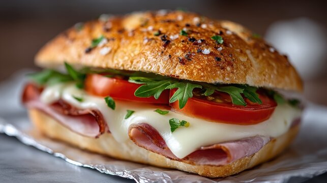 A sandwich with ham, cheese, and tomatoes