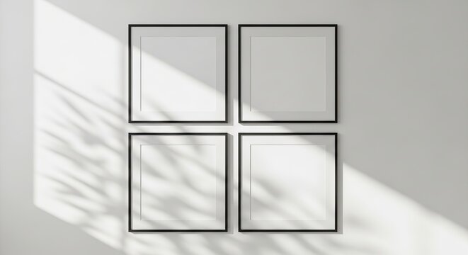 Four square black frames mockup with sunlight shadow on white wall
