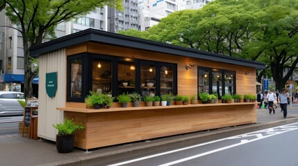 A small wooden building with a green sign on it