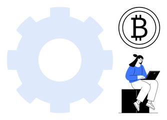 Woman using laptop beside large gear and Bitcoin emblem, symbolizing cryptocurrency, fintech, blockchain, digital innovation, decentralized finance, technology, remote work. Ideal for tech-focused