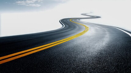Winding Asphalt Road with Yellow Lines Against a White Background, Symbolizing Journey and Opportunities