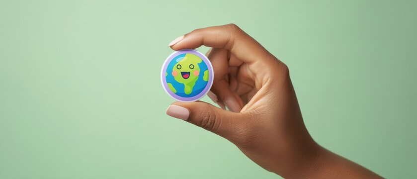 The hand holding a cute cartoon Earth illustration with a joyful expression.