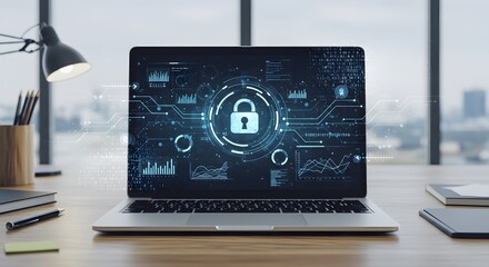Laptop on office desk with digital padlock for cybersecurity overlayed