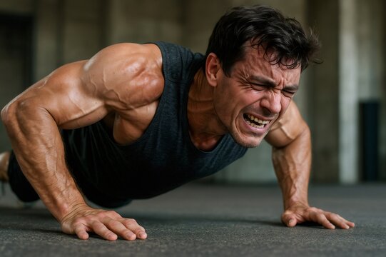 Muscular athlete performing push ups with intense effort and strain on his face, showcasing dedication and physical exertion in gym workout