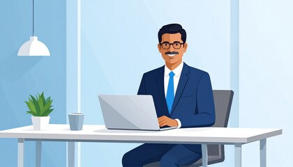 A businessman working on a laptop in a modern office. A person with eyeglasses is dressed formally and at the desk.