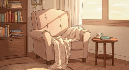A cozy room with armchair and blanket next to a small table with a book and a cup of tea near window