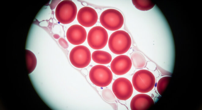 Microscopic View of Red Blood Cells Flowing Through a Stained Vessel