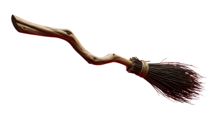 Rustic wooden witch's broomstick with natural twig bristles, perfect for Halloween or fantasy themes