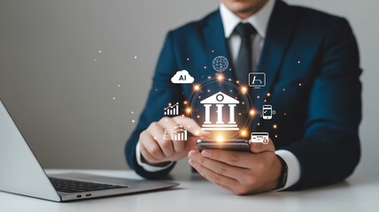 Businessman using smartphone with financial technology icons, symbolizing digital banking and global finance innovation.
