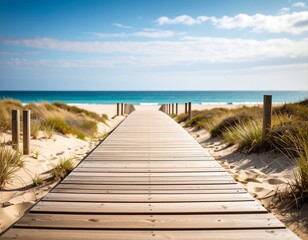 Wooden boardwalk leads to a tranquil beach under a sunny sky