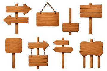 Wooden signs directional pointers and hanging boards isolated on a transparent background