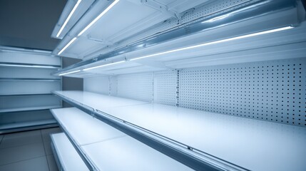 Obraz premium Empty Retail Shelves Under Fluorescent Lights: A Blank Canvas for Product Placement and Marketing Strategies