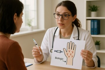 Doctor holding syringe and showing infographic to patient, explaining biologic injection therapy for skin disease during medical consultation