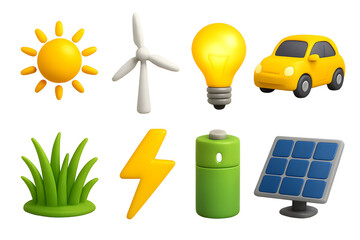 Yellow sun white wind turbine bright lightbulb yellow car... isolated on a transparent background