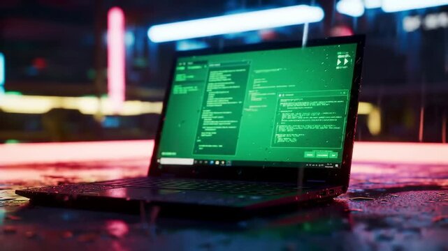 Laptop displaying coding interface in neon-lit urban environment with rain effects